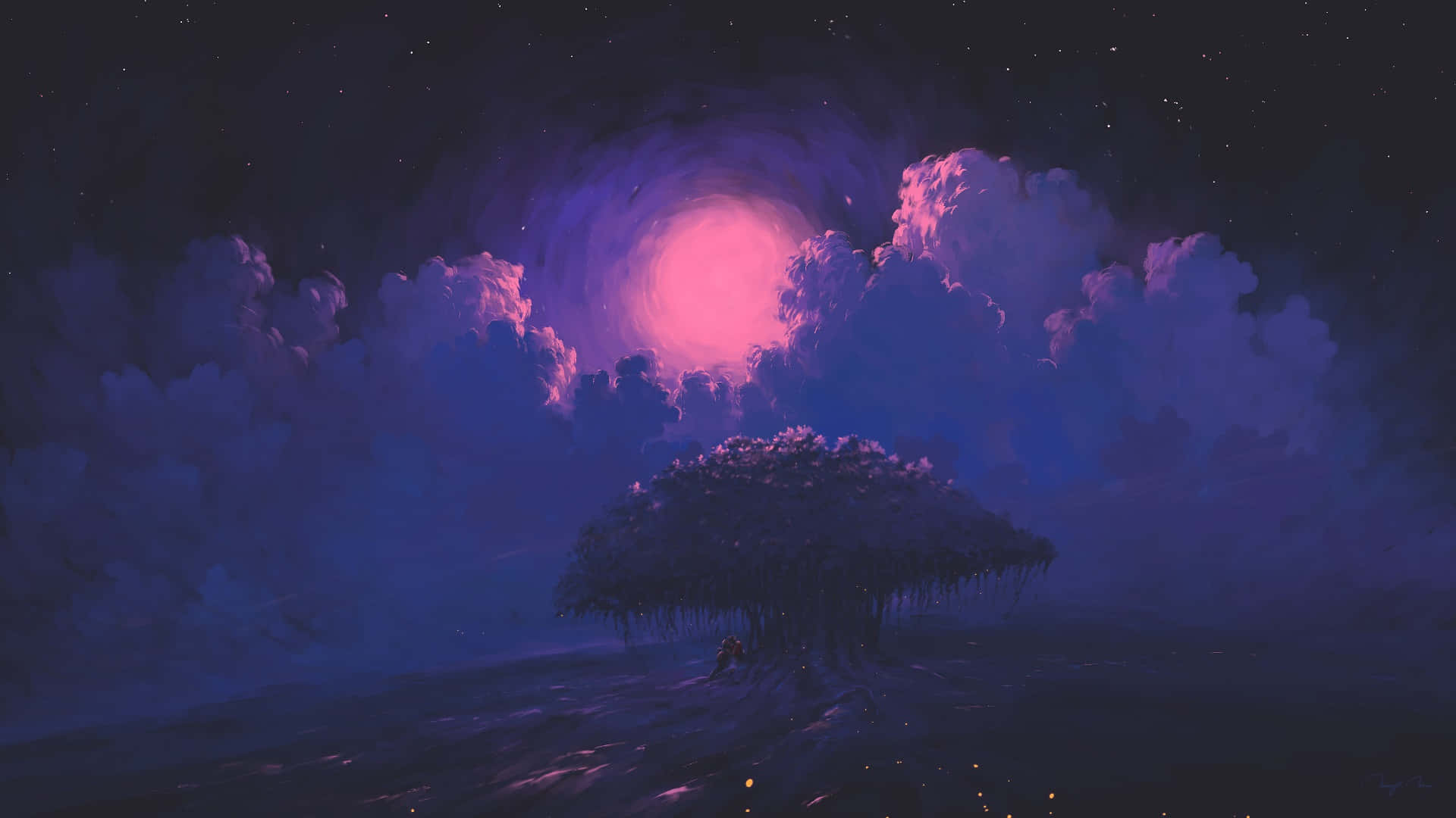 Pink Moon In Sky Painting Art Wallpaper