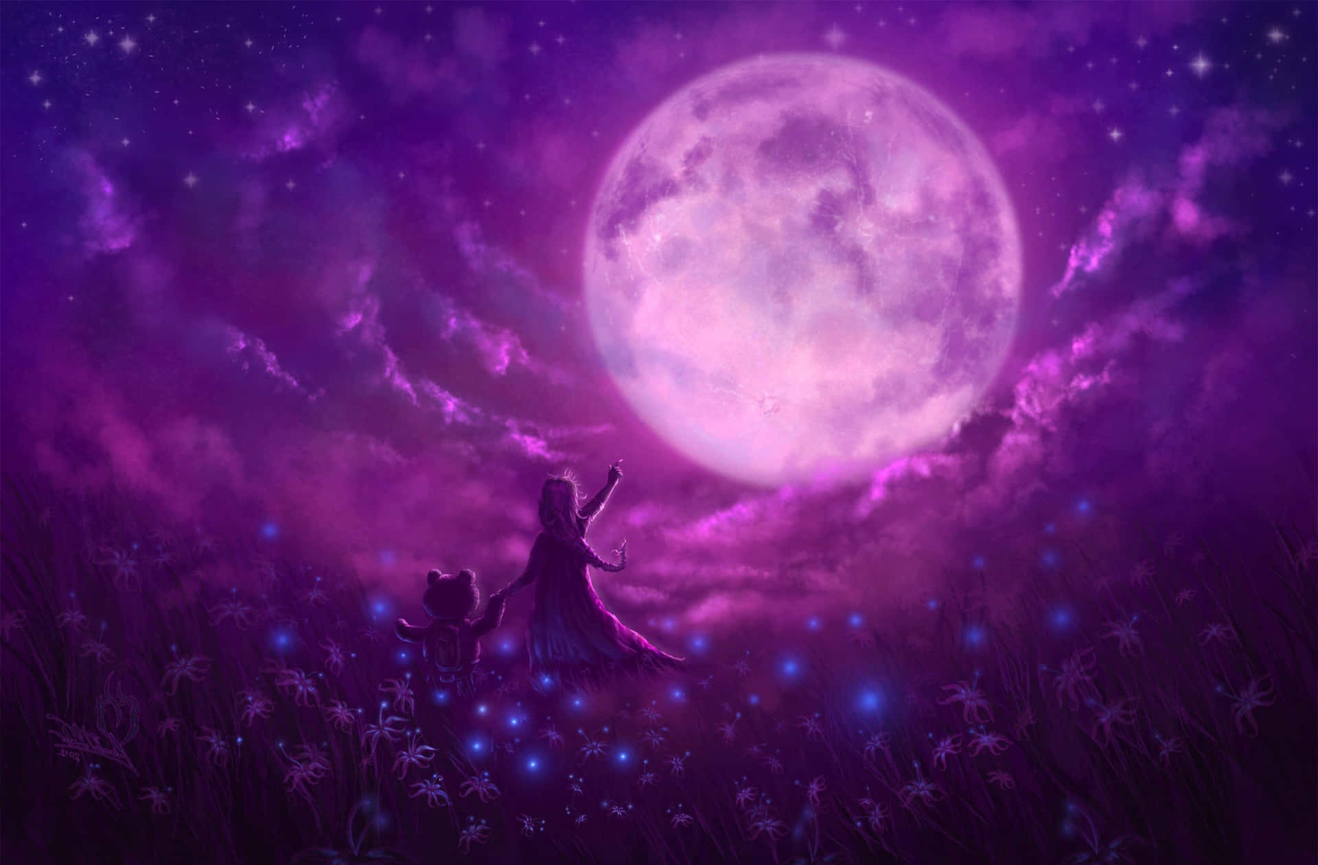 Girl And Teddy Bear With Pink Moon Wallpaper