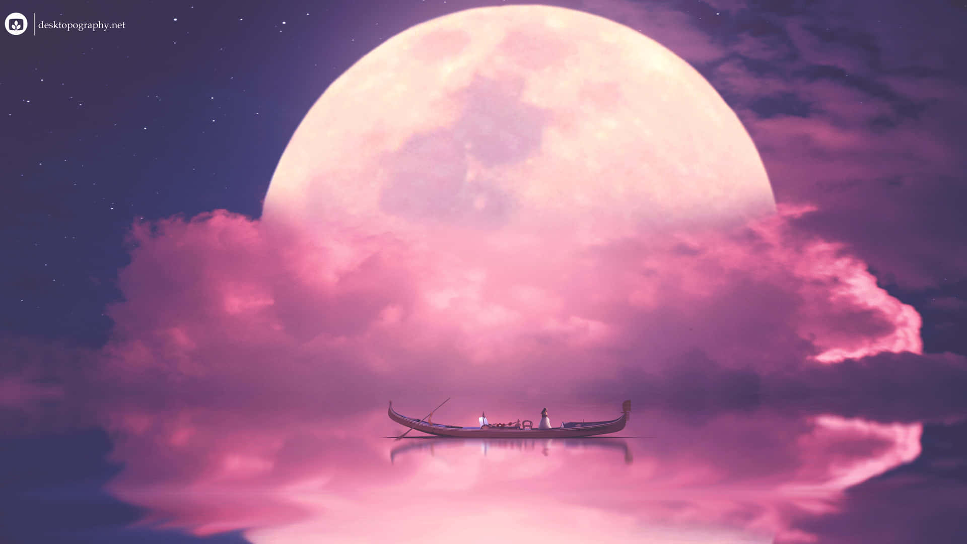 Unatranquila Luna Rosa Que Se Levanta En Un Cielo Escarlata. Fondo de pantalla