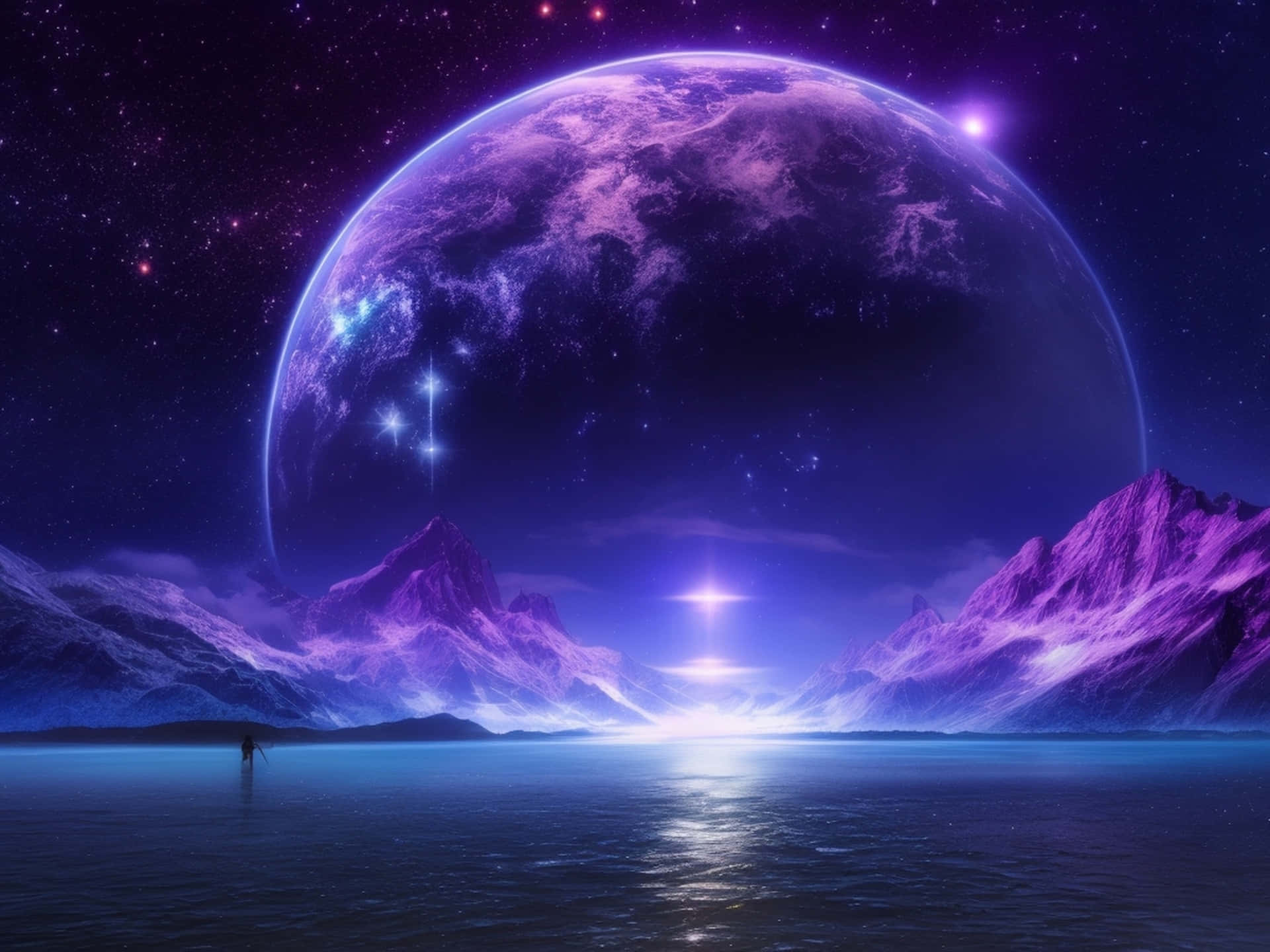 Unhermoso Cielo Nocturno Iluminado Por Una Hermosa Luna Rosa. Fondo de pantalla