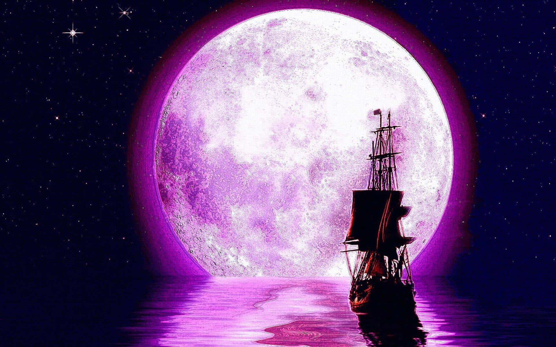 Pink Moon And Ship Sailing Wallpaper