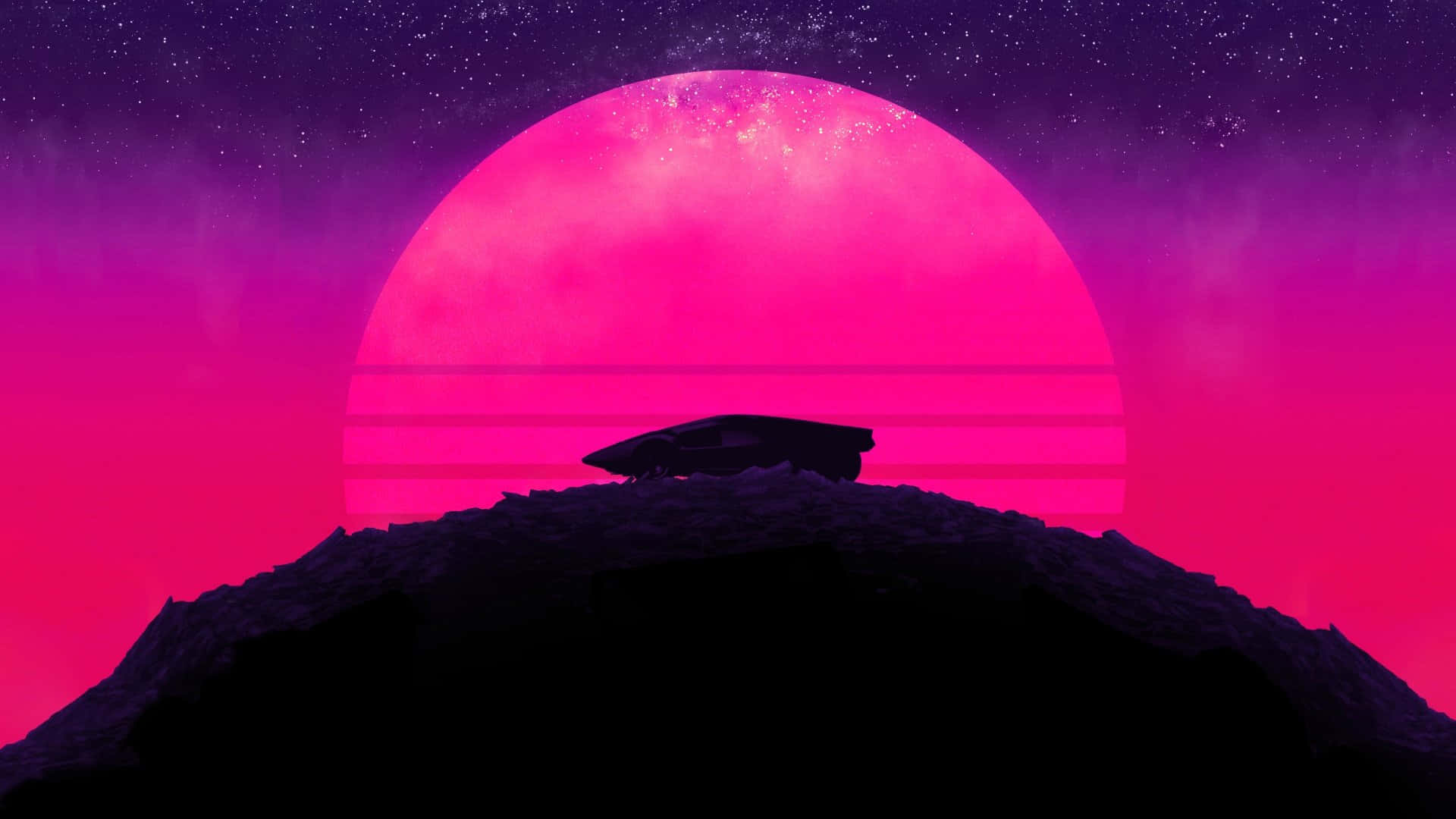 Car Silhouette Over Big Pink Moon Wallpaper