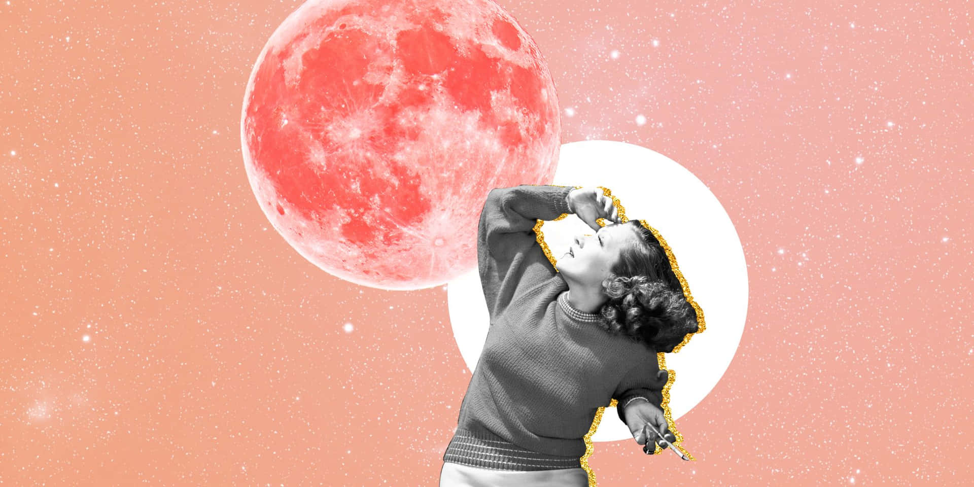 A Woman Is Flying A Kite In Front Of A Pink Moon