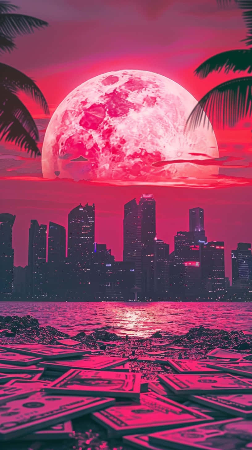 Pink Moonrise Over Money Cityscape Wallpaper