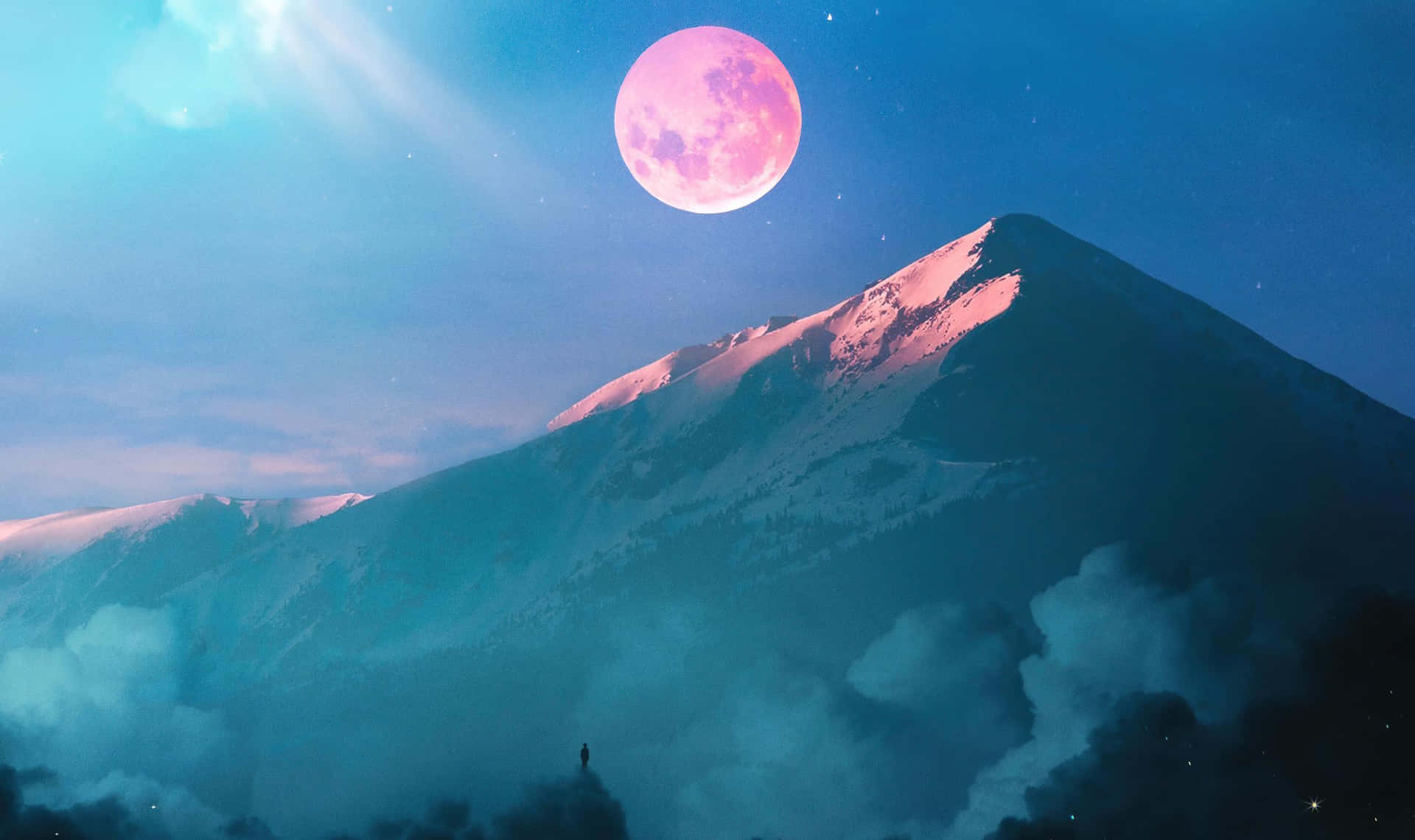 Pink Moonrise Over Snowy Mountain Wallpaper