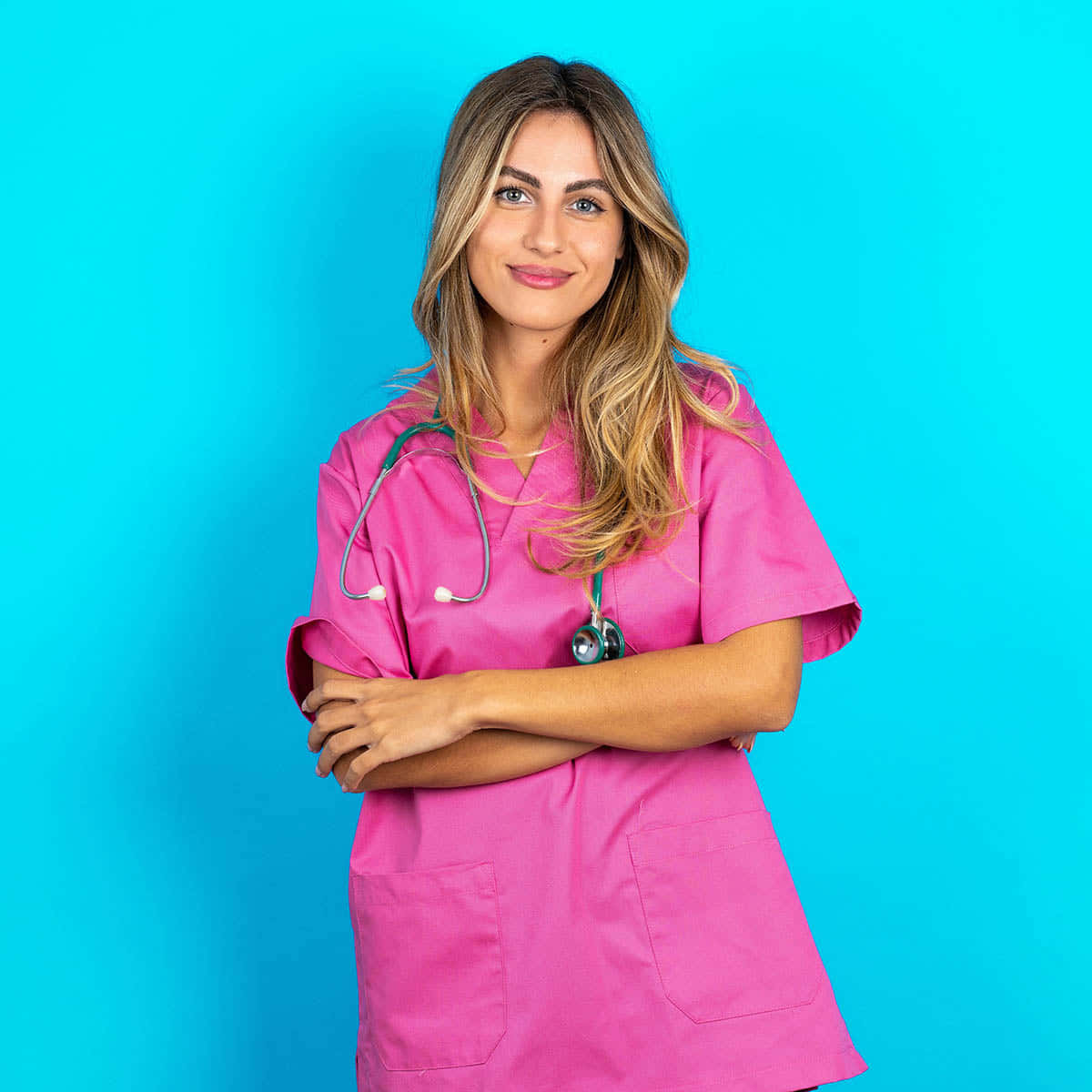 Pink Nurse Portrait Against Blue Background Wallpaper