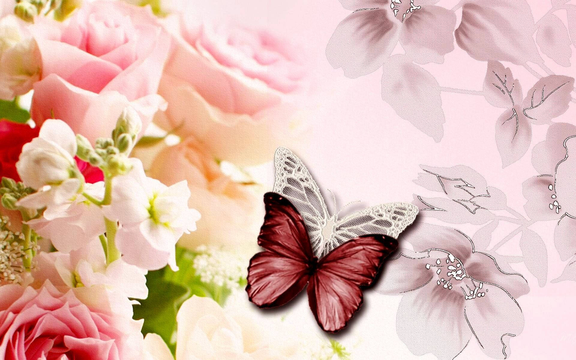Pink Pansy And Maroon Butterfly Wallpaper
