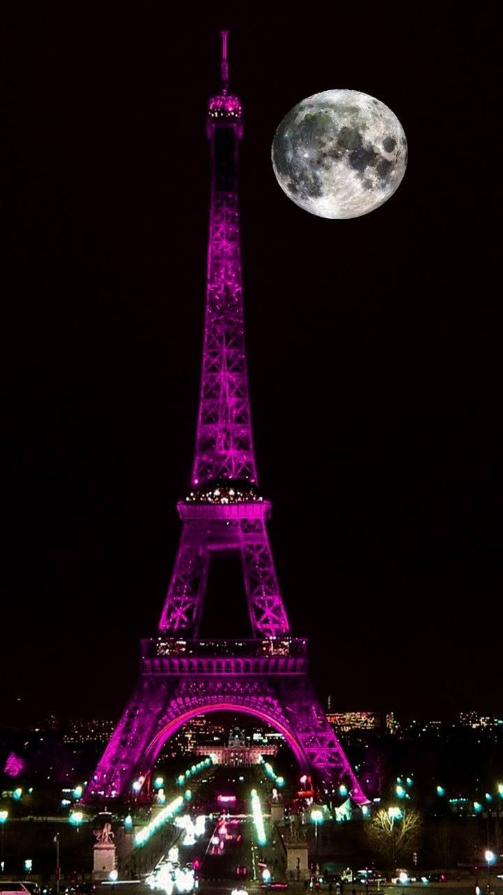 Pink Paris At Night With Moon Wallpaper
