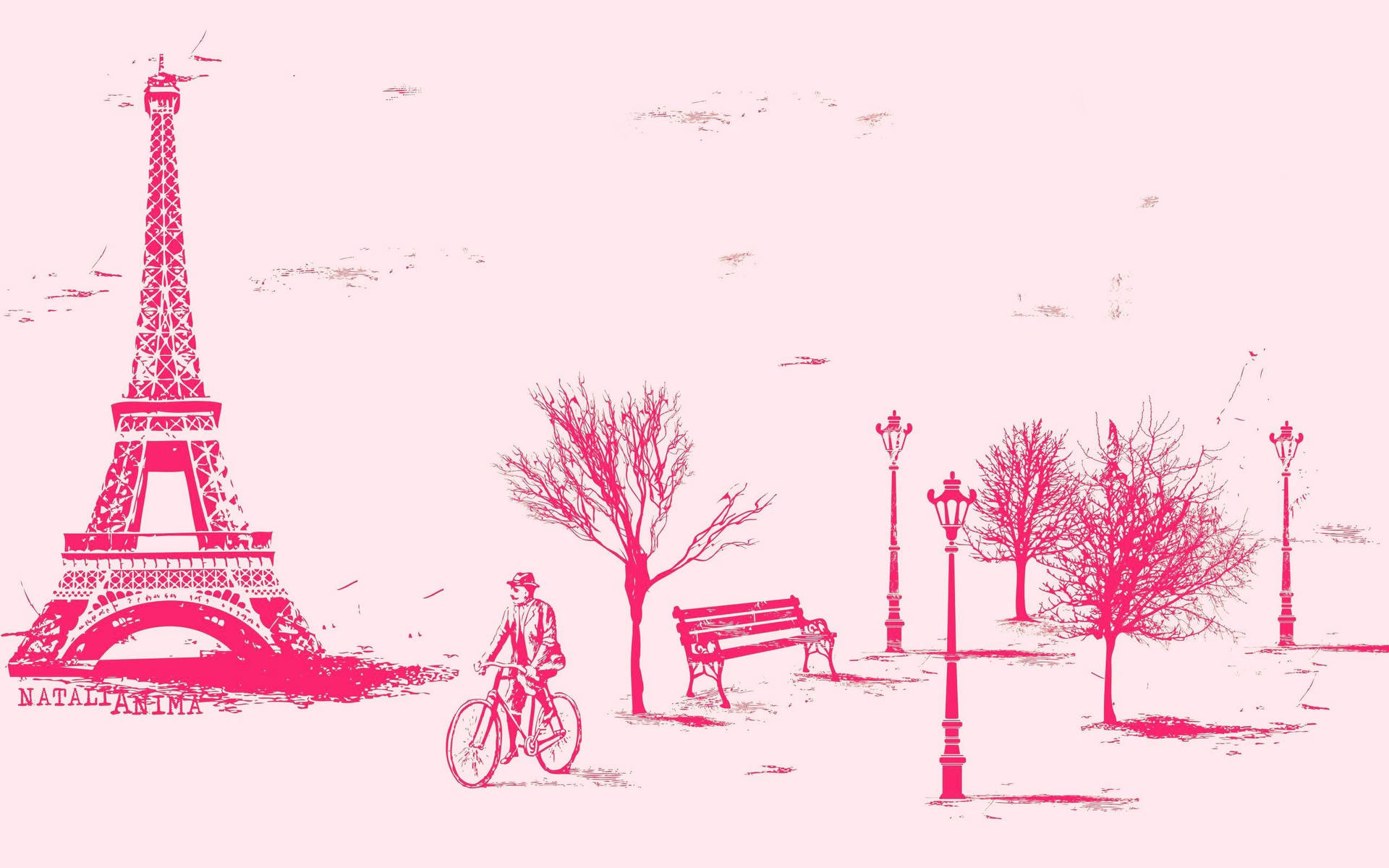 Pink Paris Graphic With Cycling Man Wallpaper