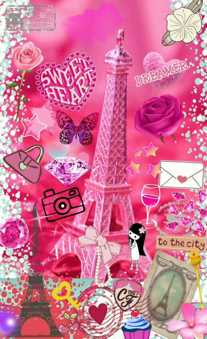 Pink Paris Stickers Collage Wallpaper