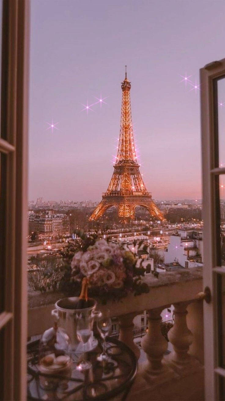 Pink Paris Tower From Balcony Wallpaper