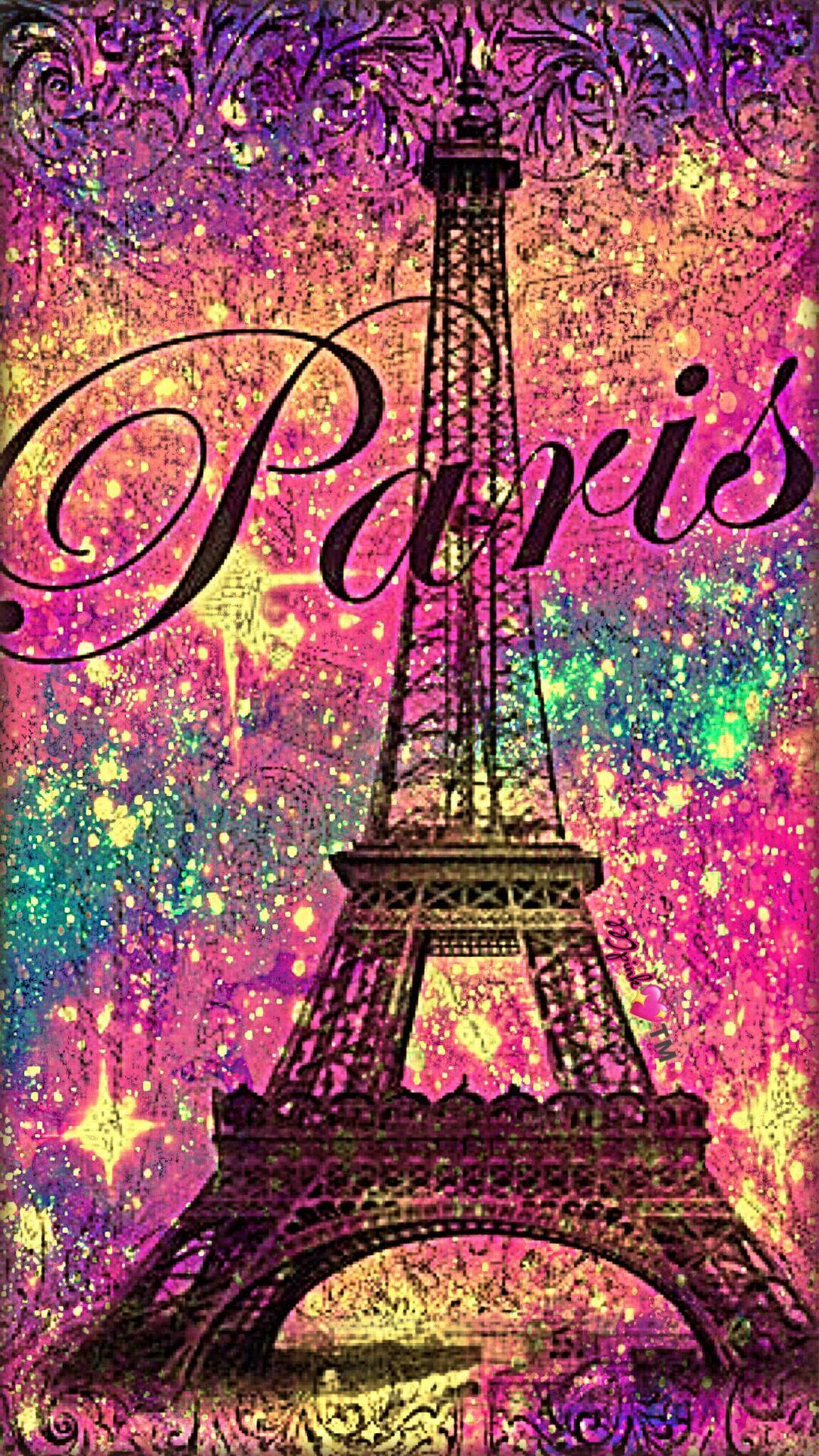 Pink Paris Tower With Multicolored Glitters Wallpaper
