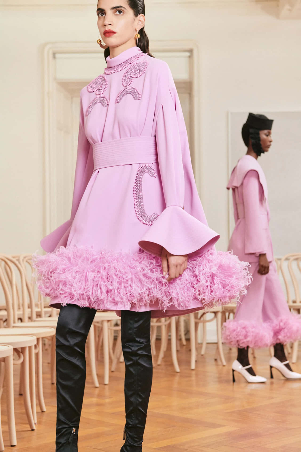 Patou's Pink Feather Cape Dress in a Stunning Pose Wallpaper