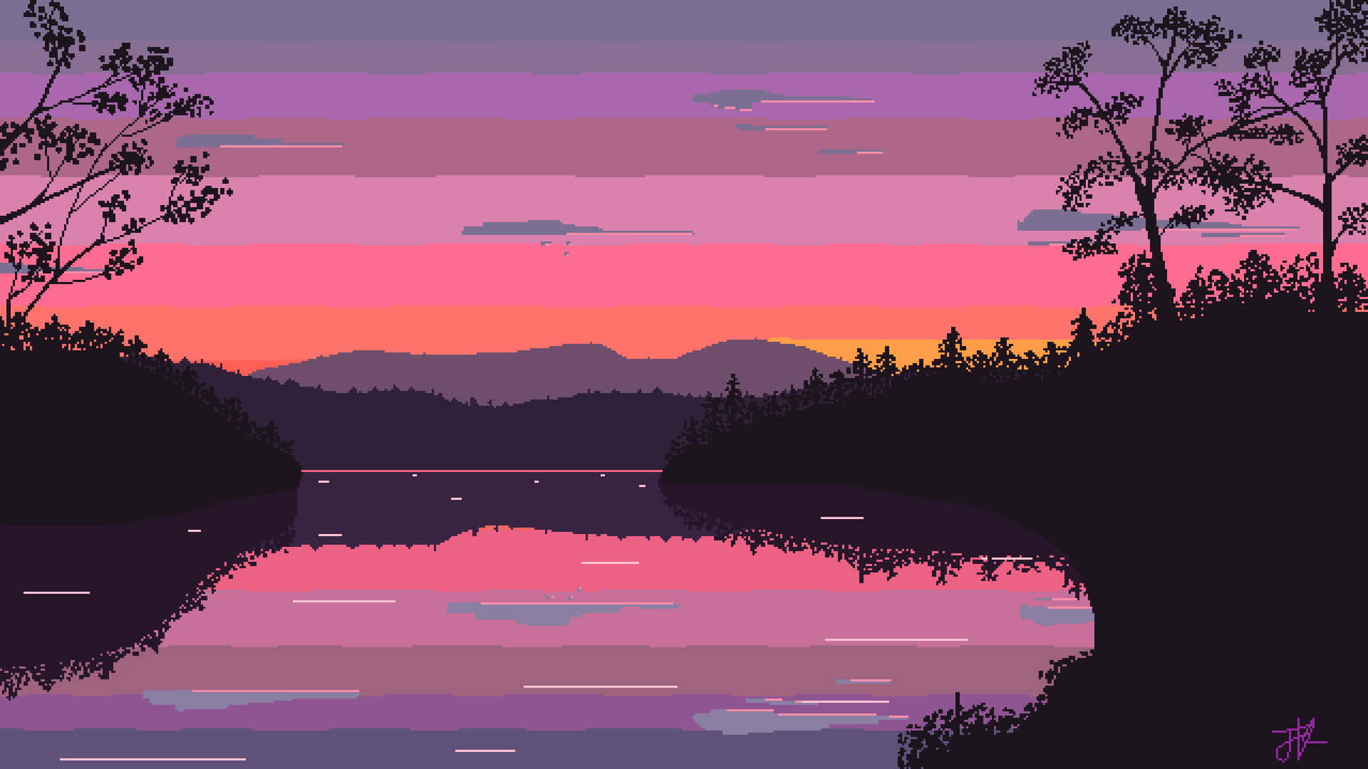 A Sunset Over A Lake With Trees And Mountains Wallpaper