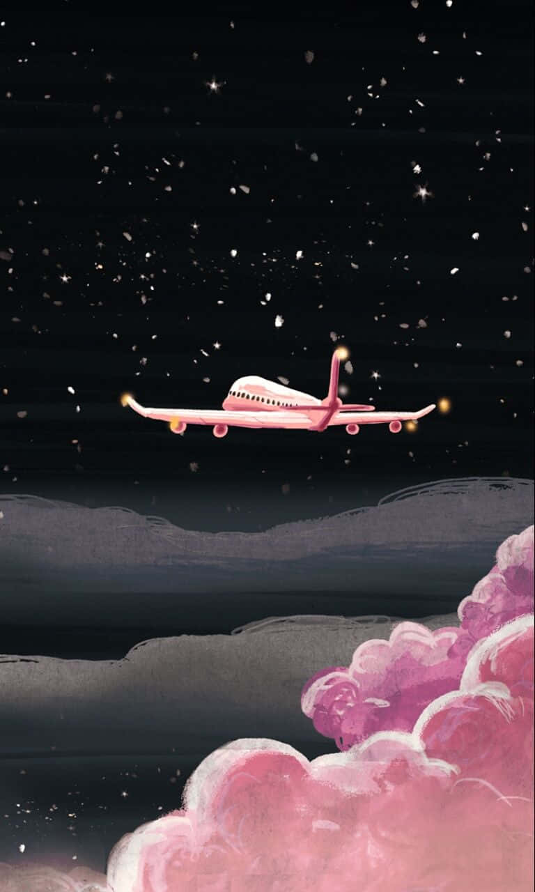 Unhermoso Avión Rosa Volando Contra Un Cielo Azul Brillante. Fondo de pantalla