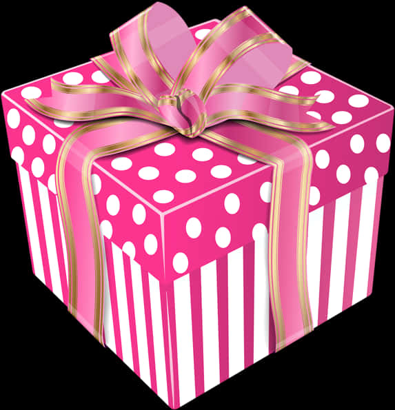 Pink Polka Dot Gift Boxwith Golden Ribbon PNG