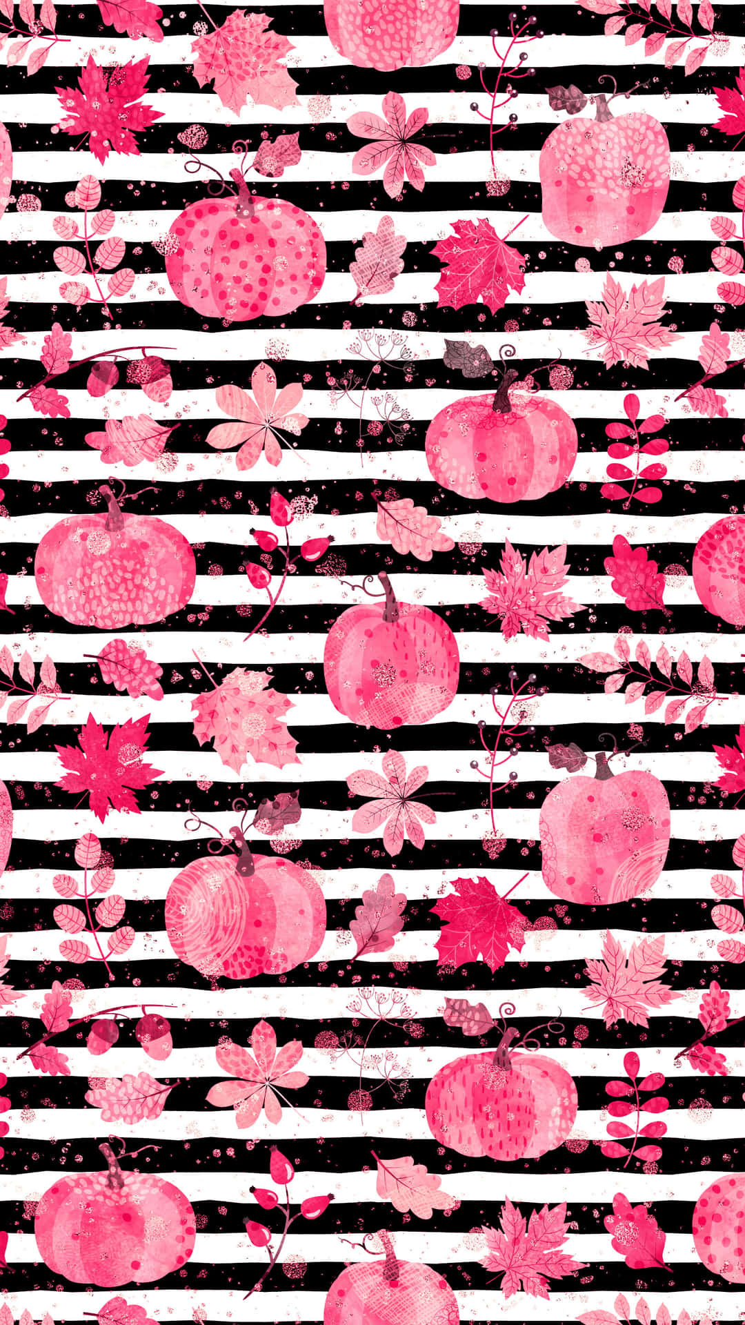 A Pink And Black Striped Pattern With Pumpkins Wallpaper
