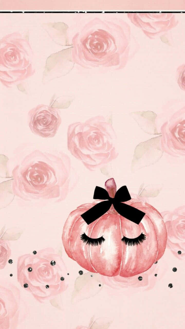 En pink græskar med sorte bånd og roser Wallpaper