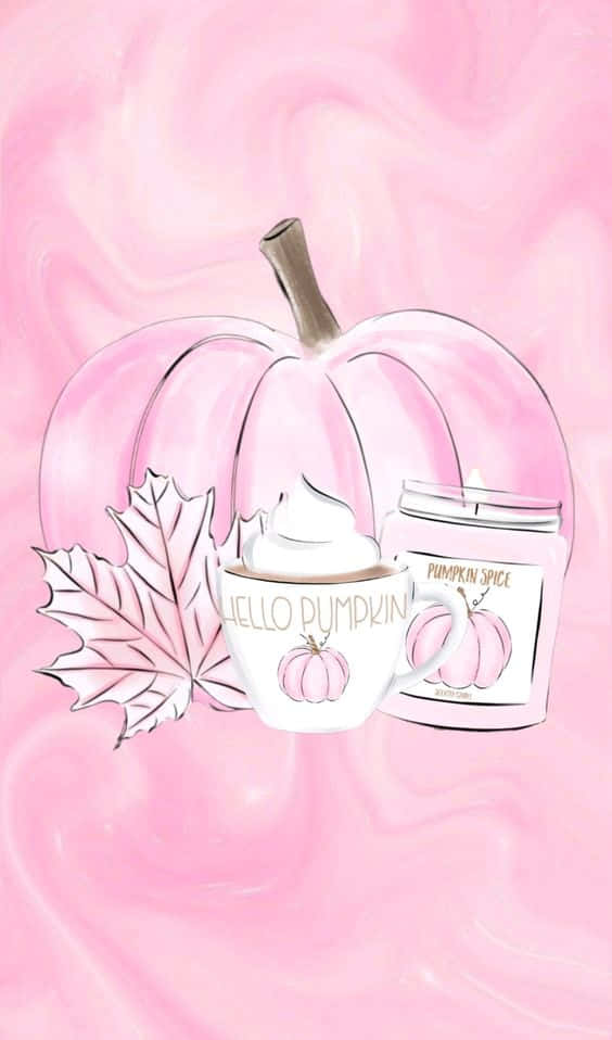 a pink pumpkin with a candle and leaves Wallpaper