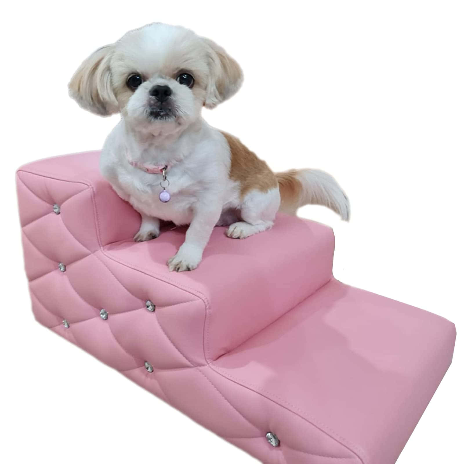 A Small Dog Sitting On A Pink Padded Step Stool Wallpaper