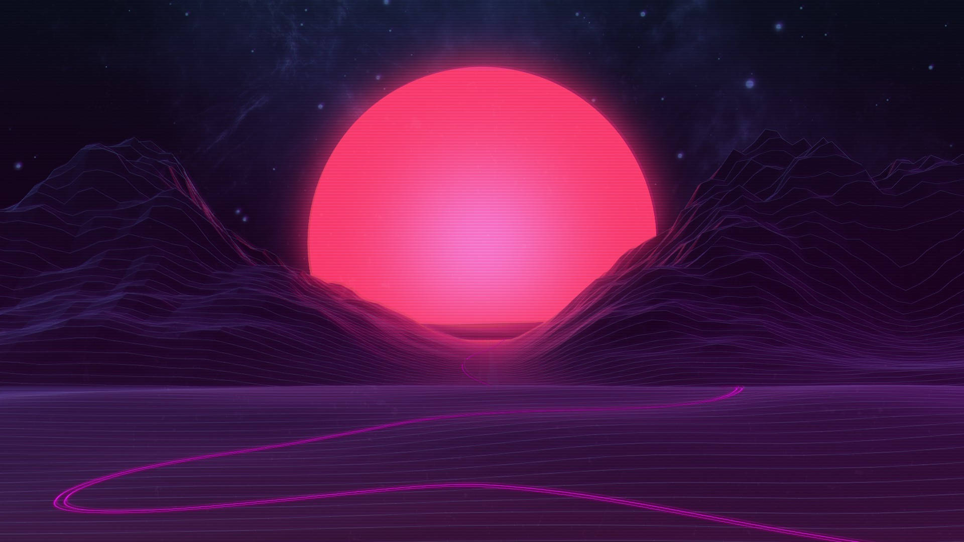 Pink Retrowave Sunset Mountains Wallpaper