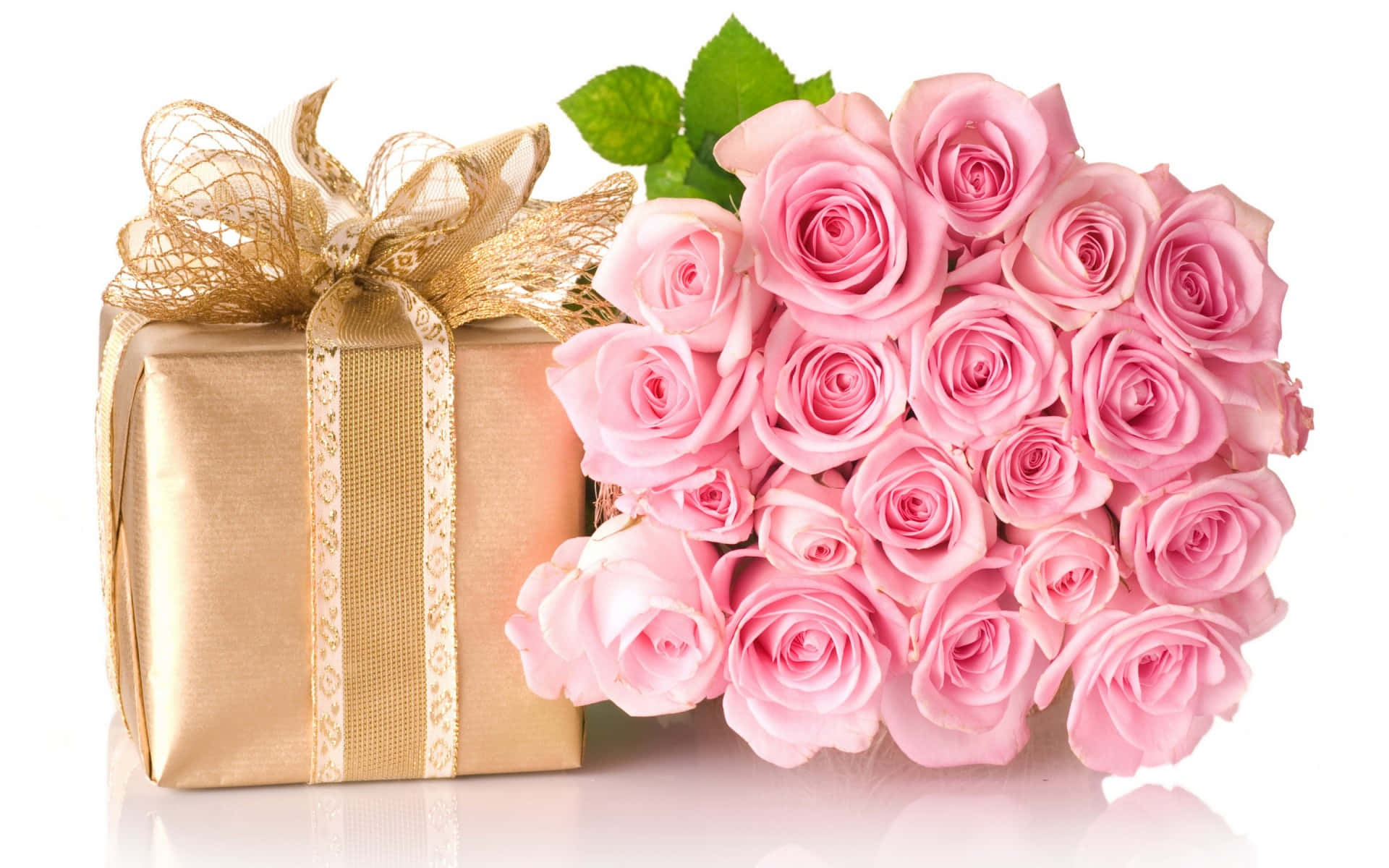Pink Rose Bouquet With Golden Gift Box Wallpaper
