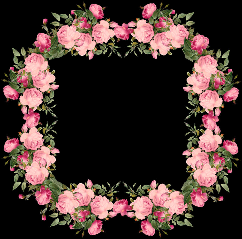 Pink Rose Frame Black Background PNG