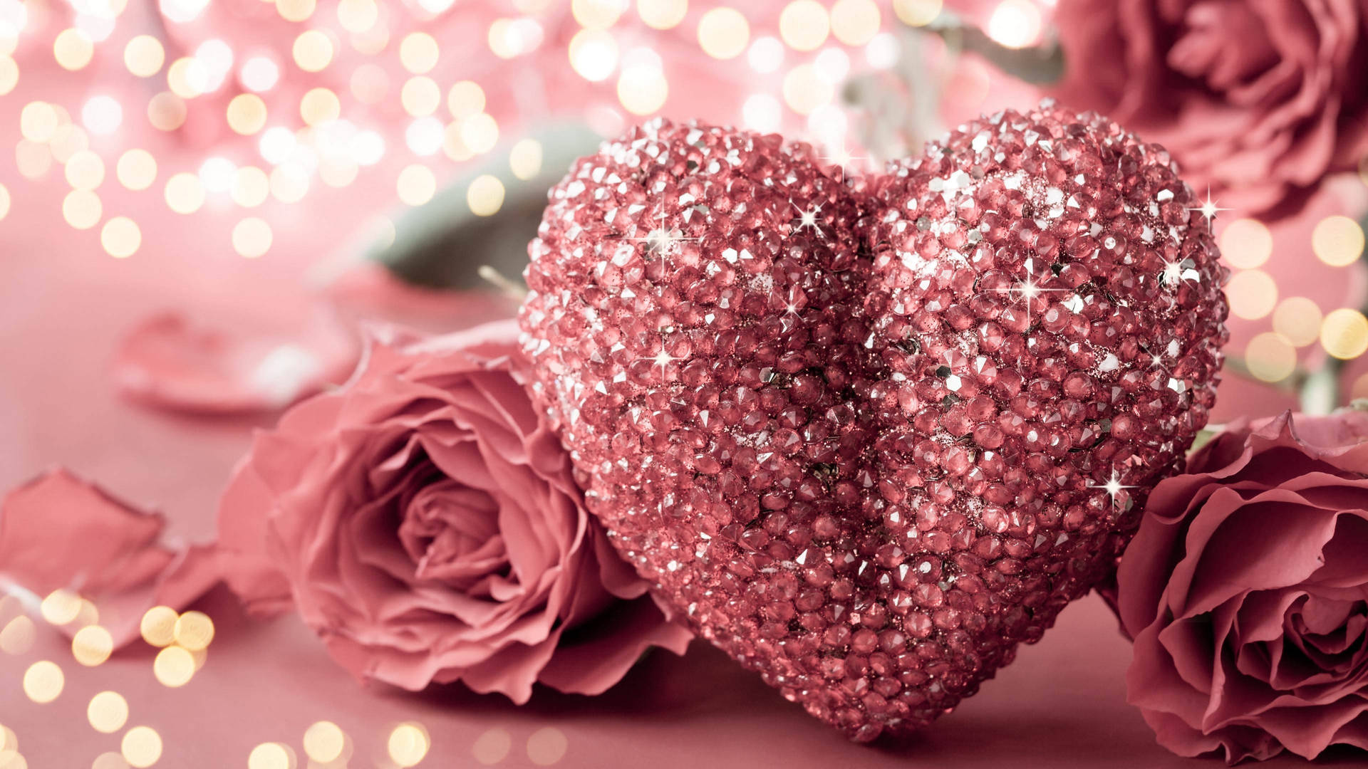 Pink Rose Og Hjerte Guld Glitter Wallpaper