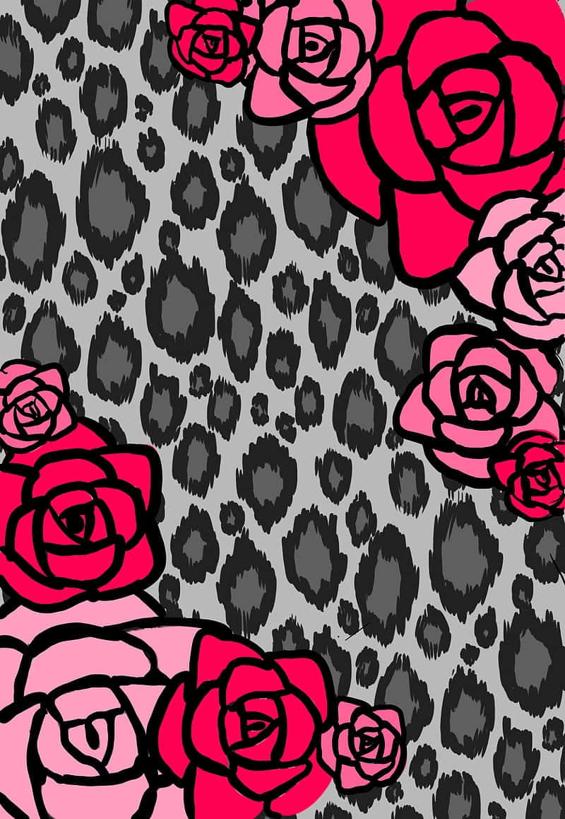Pink Roses Black Leopard Print Pattern Wallpaper