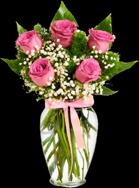 Pink Roses Bouquet Glass Vase PNG