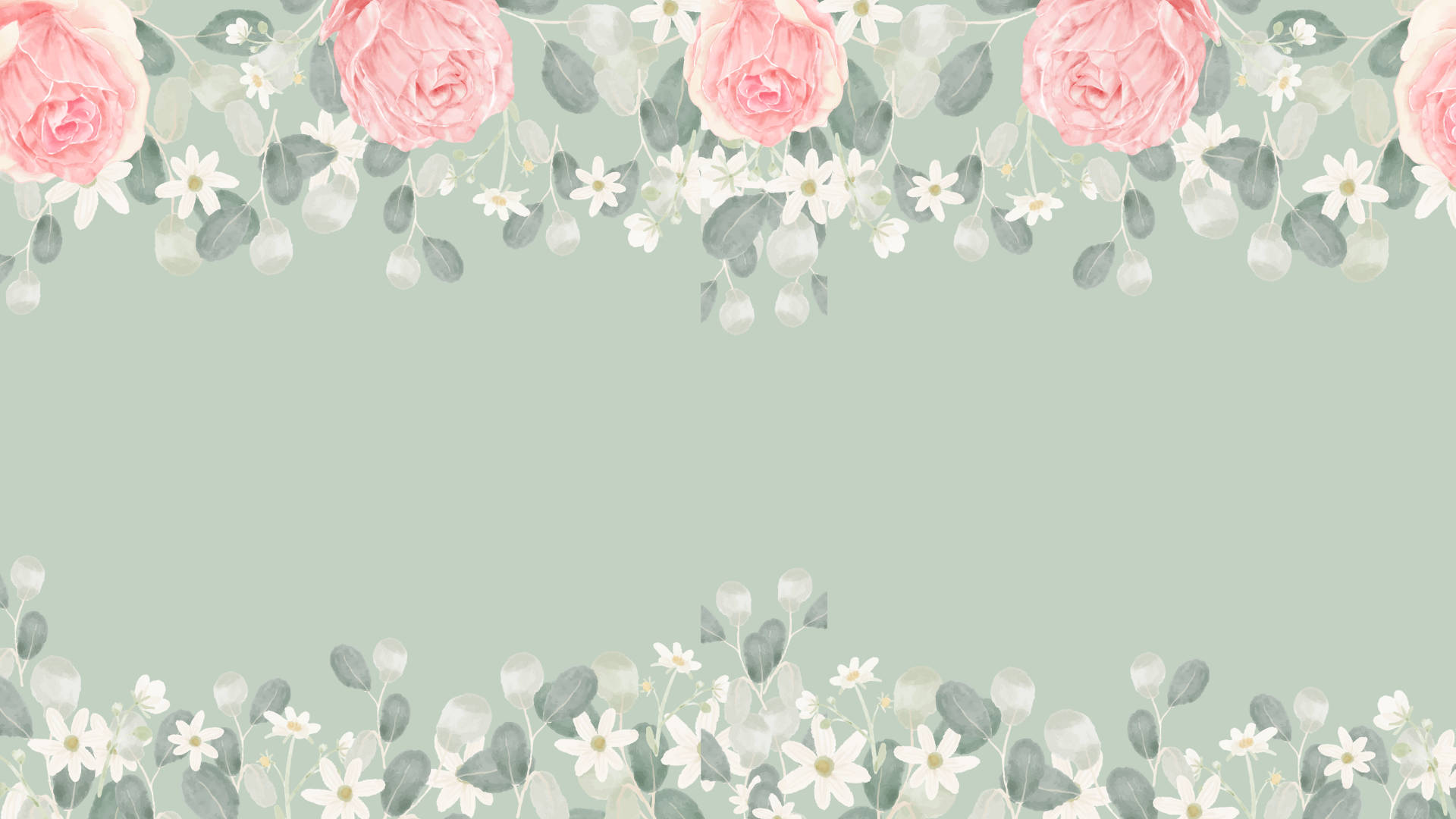 Pink Roses Sage Green Desktop Wallpaper