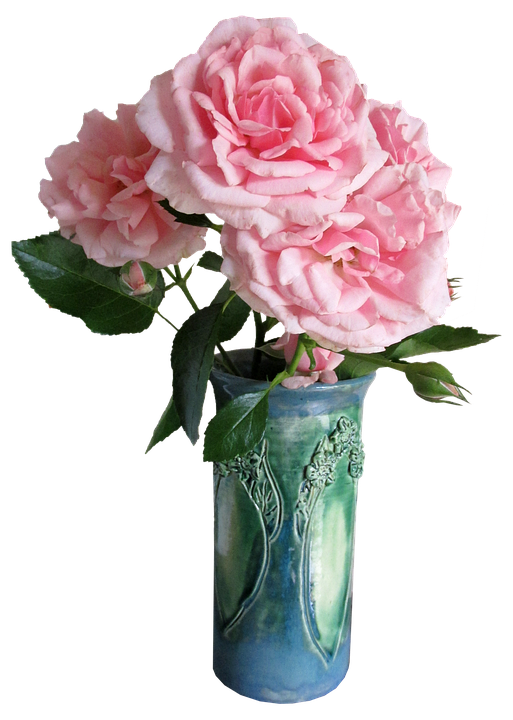 Pink Rosesin Blue Vase PNG