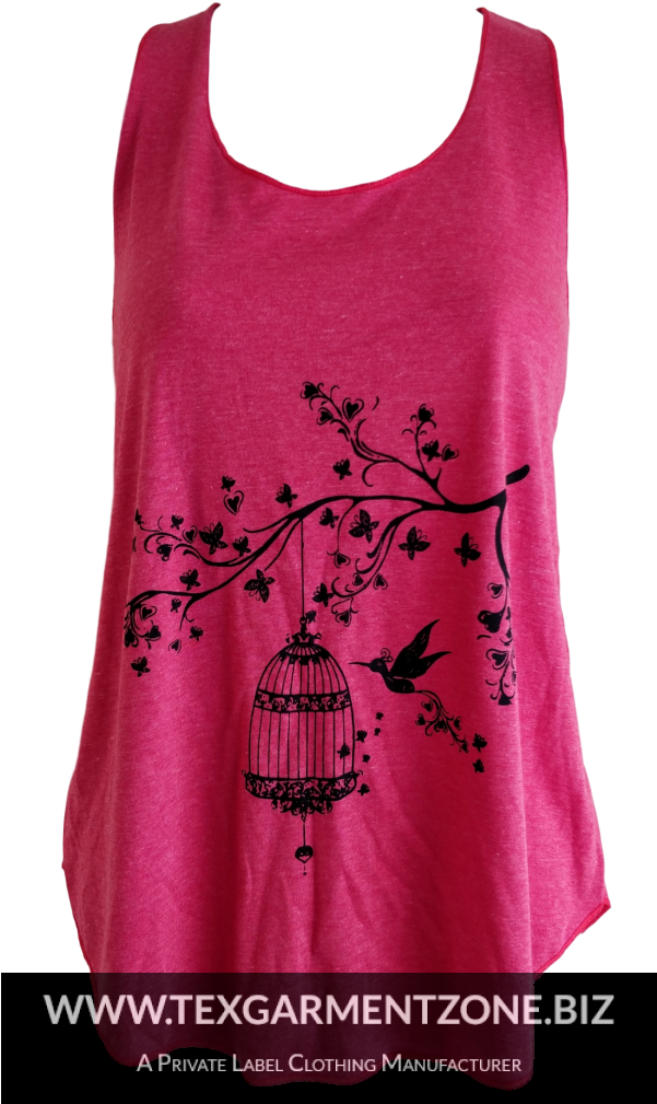 Pink Sleeveless Top Floral Bird Design PNG