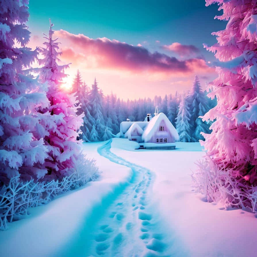 Pink Snowy Sunset Landscape Wallpaper