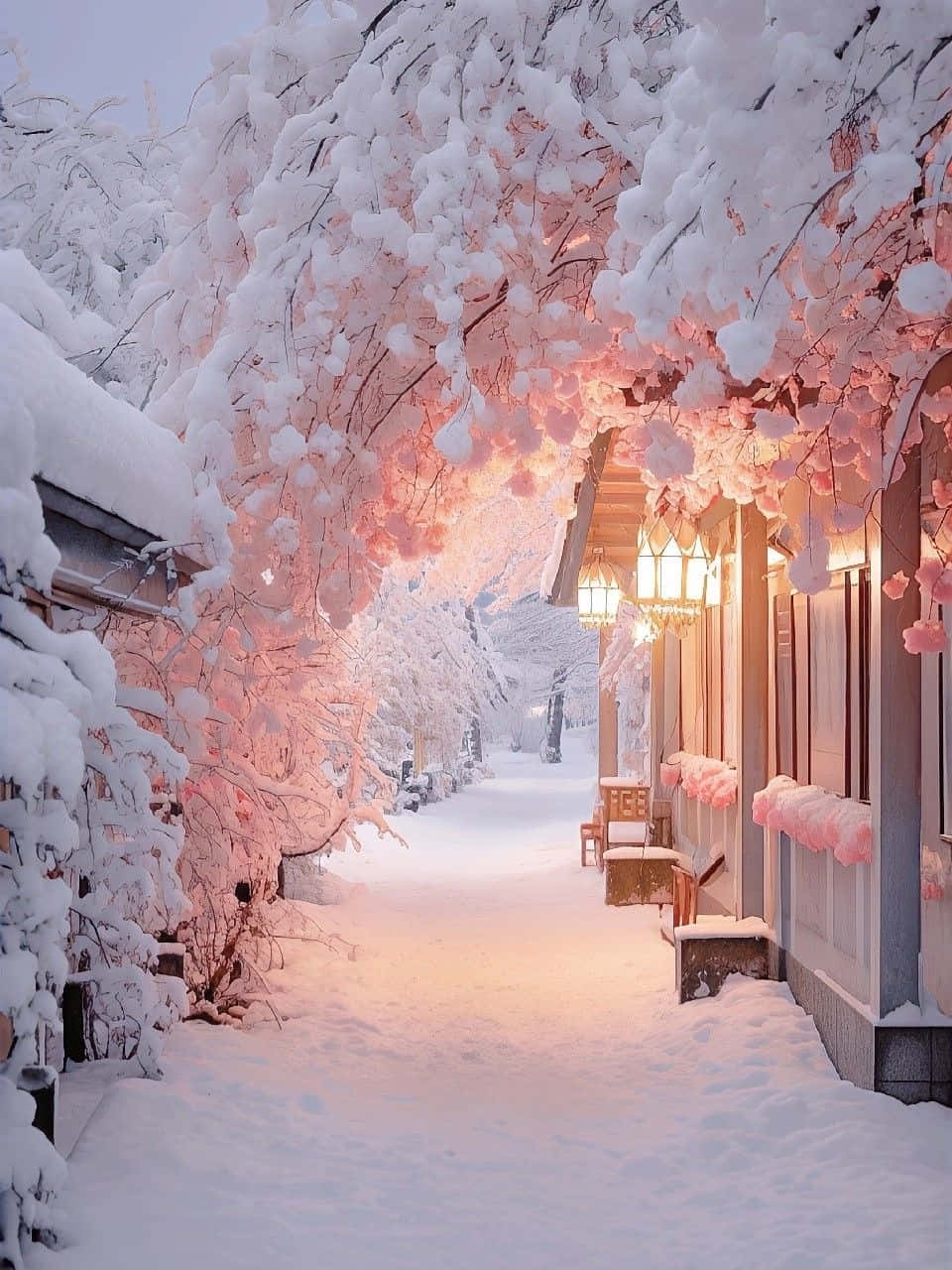 Pink Snowy Winter Landscape Wallpaper