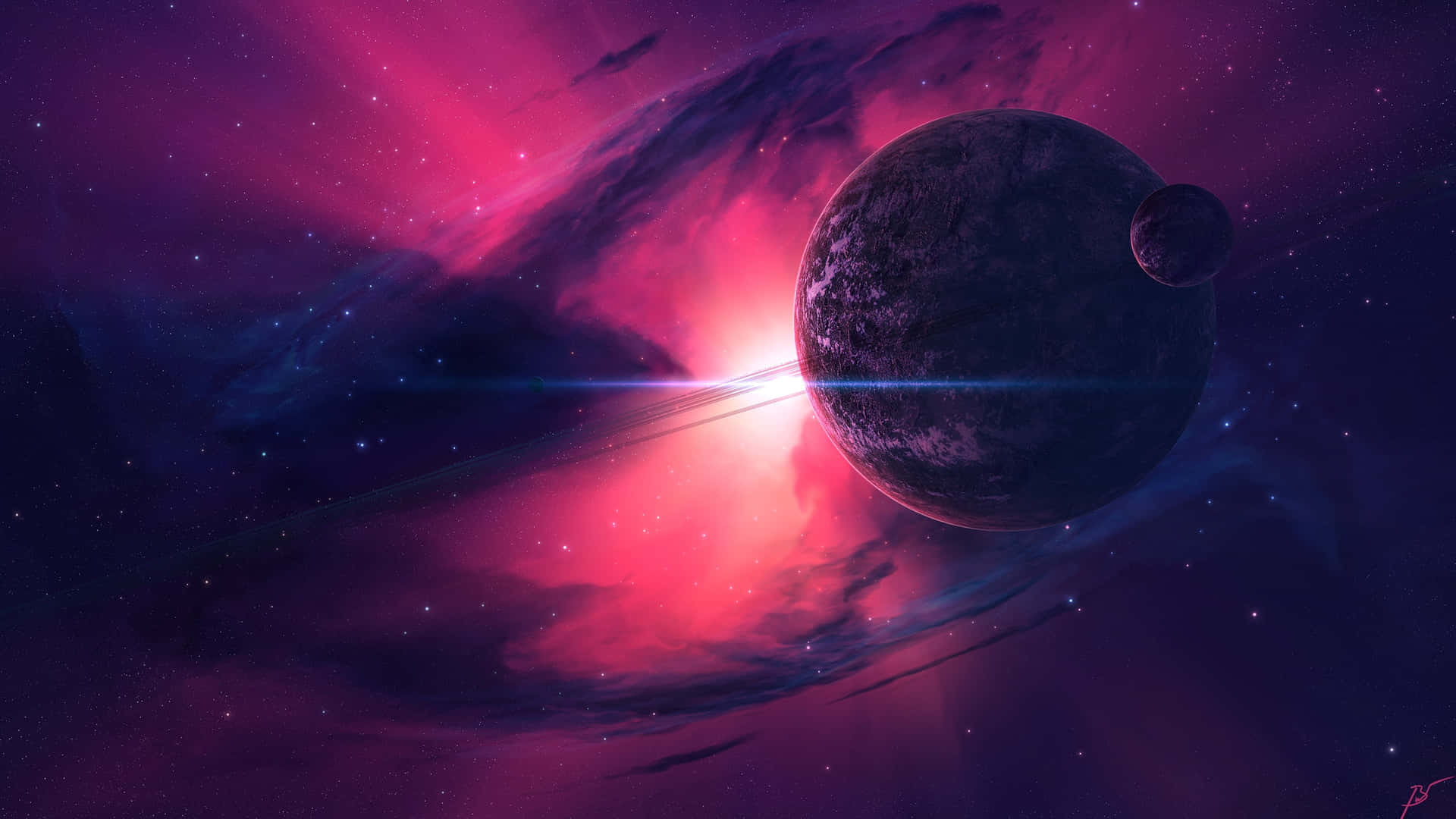 A Planet In Space With A Pink Background Wallpaper