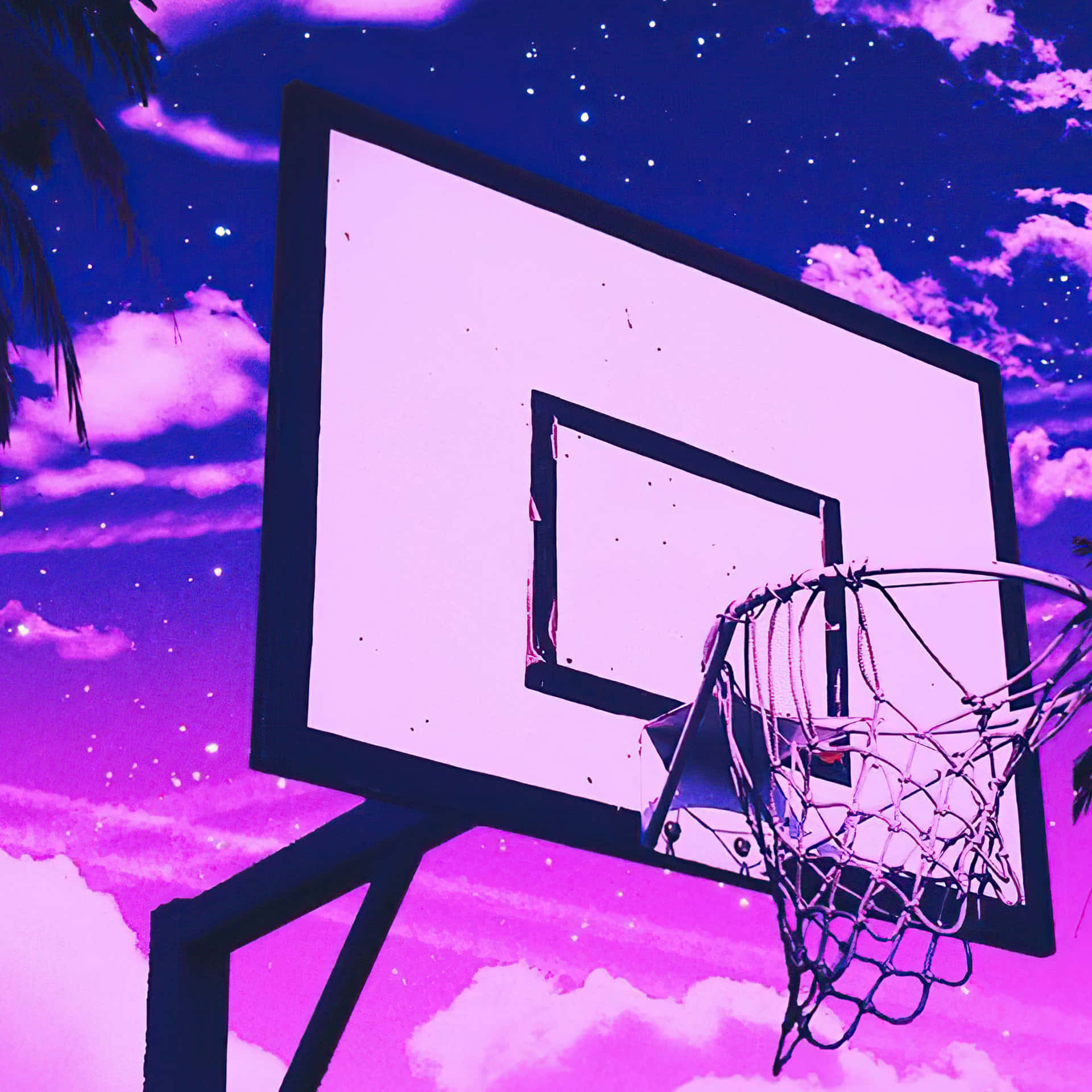 En basketballkurv med en lilla himmel bagved det. Wallpaper