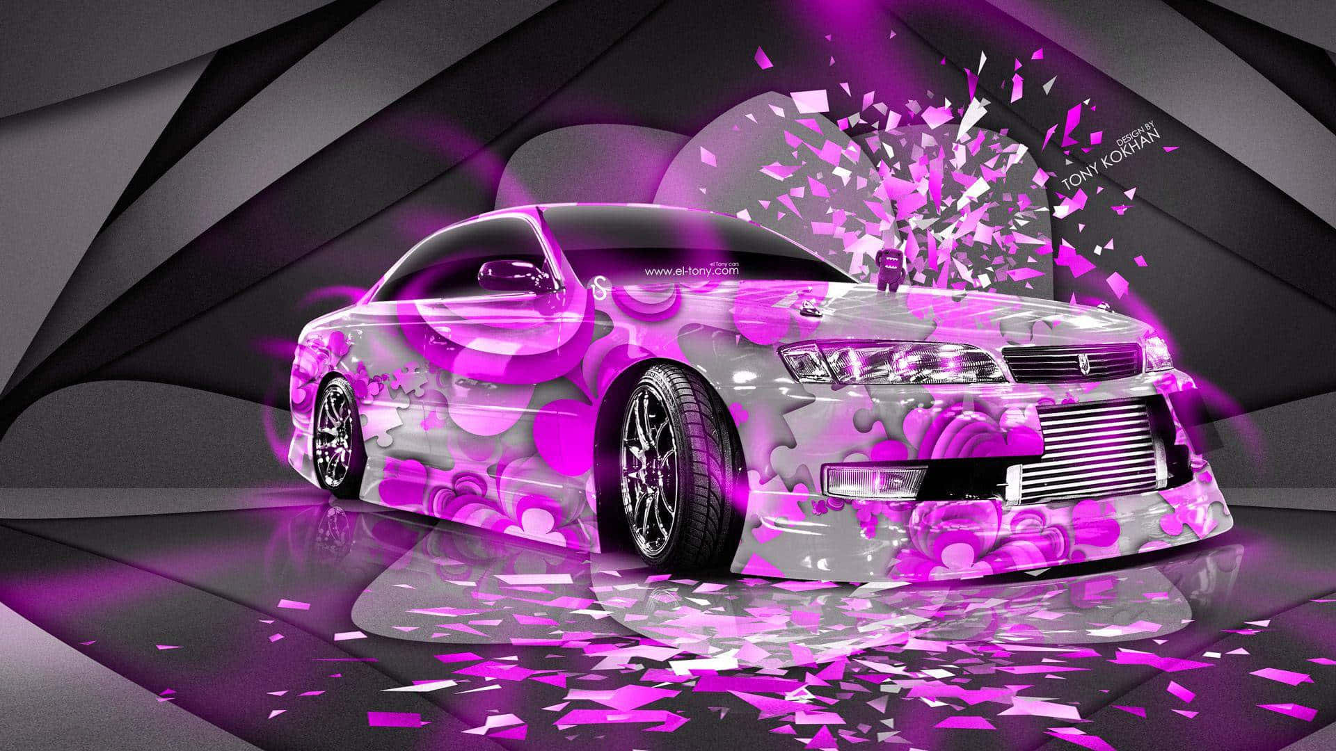 En bil med lilla maling og konfetti dåser Wallpaper