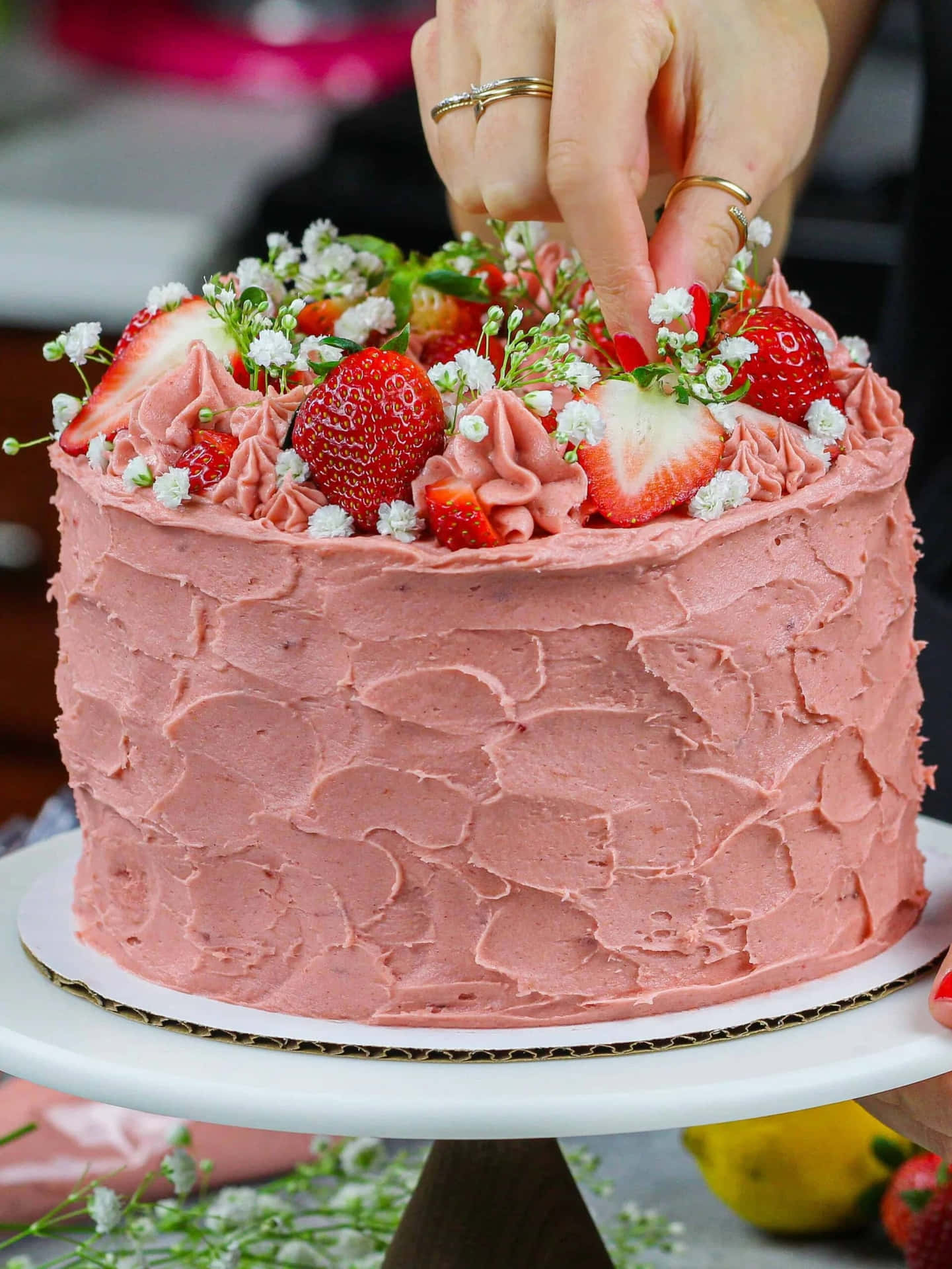 Pink Strawberry Cake Decoration Wallpaper