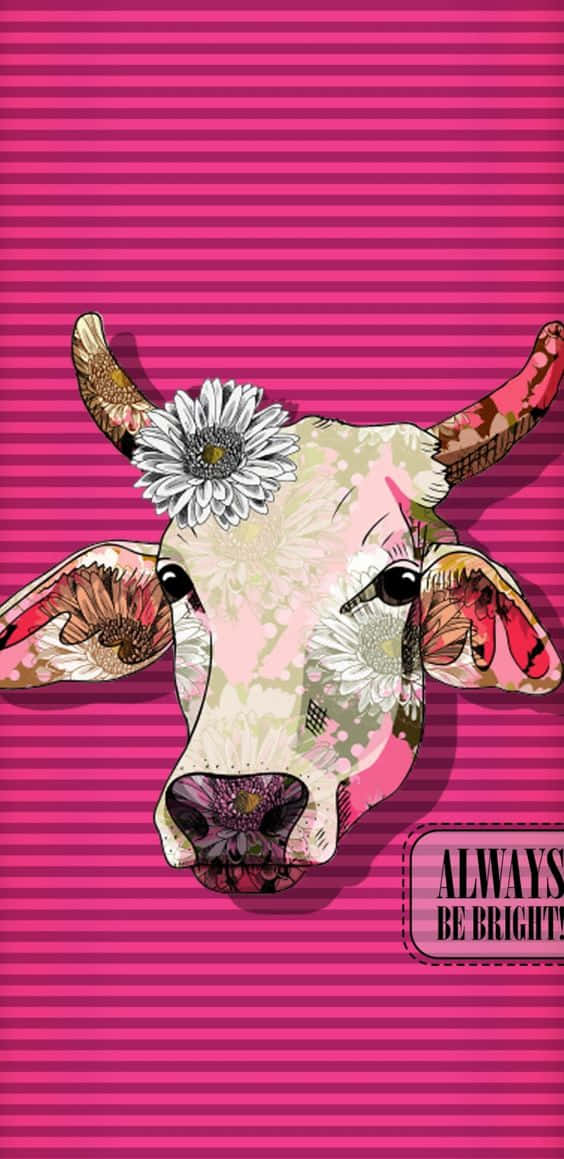 Pink Striped Floral Cow Artwork Wallpaper