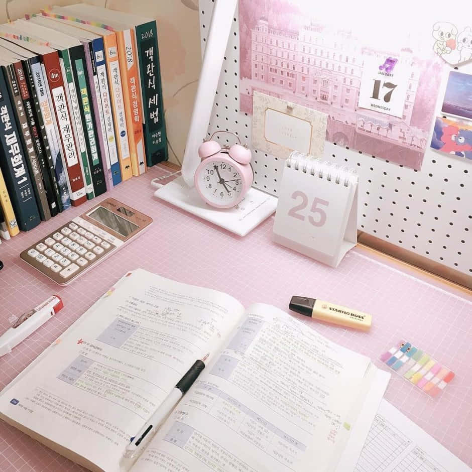 Pink Study Desk Aesthetic Wallpaper