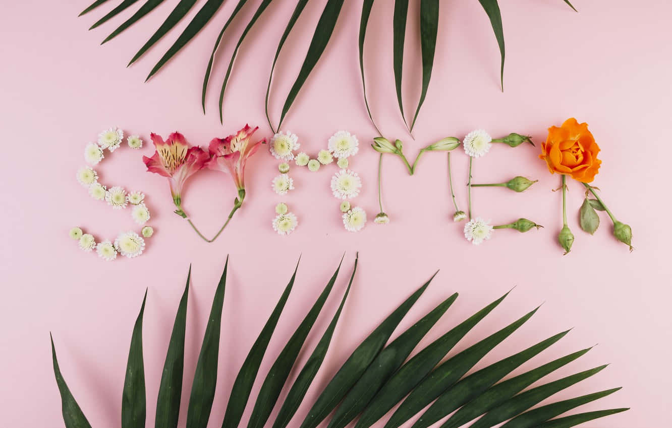 Summer Word Made Of Flowers And Leaves On A Pink Background Wallpaper