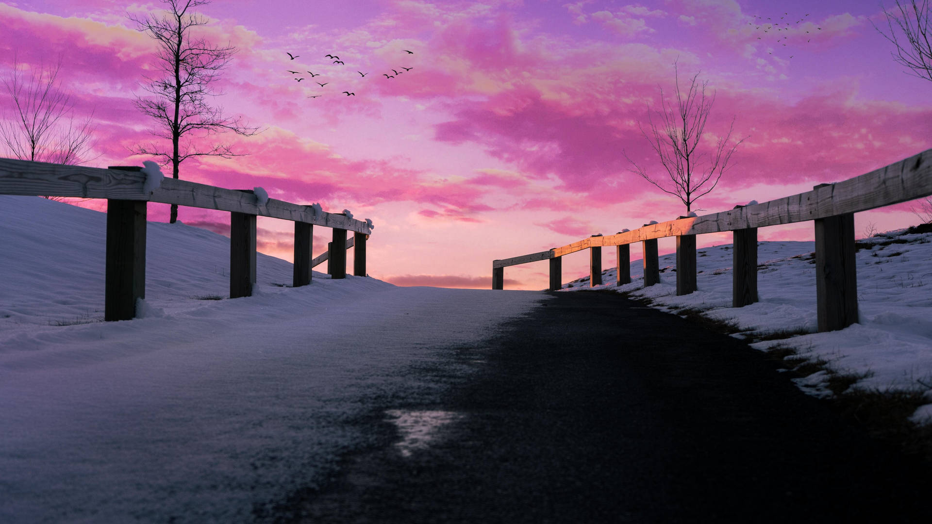 Pink Sunset Over Winter Trail iMac 4K Wallpaper