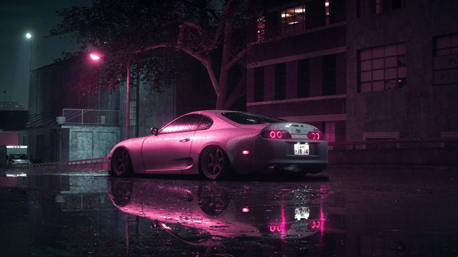 Pink Toyota Supra At Rainy Night Wallpaper