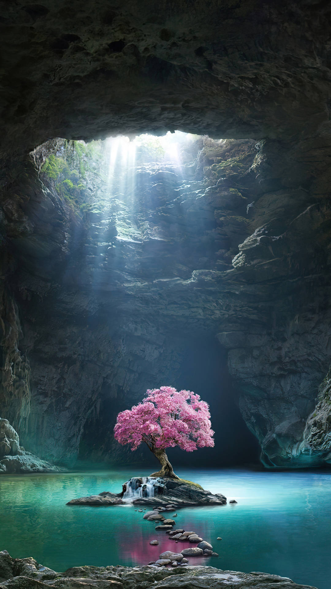 Lyserød træ i underjordisk grotte Wallpaper