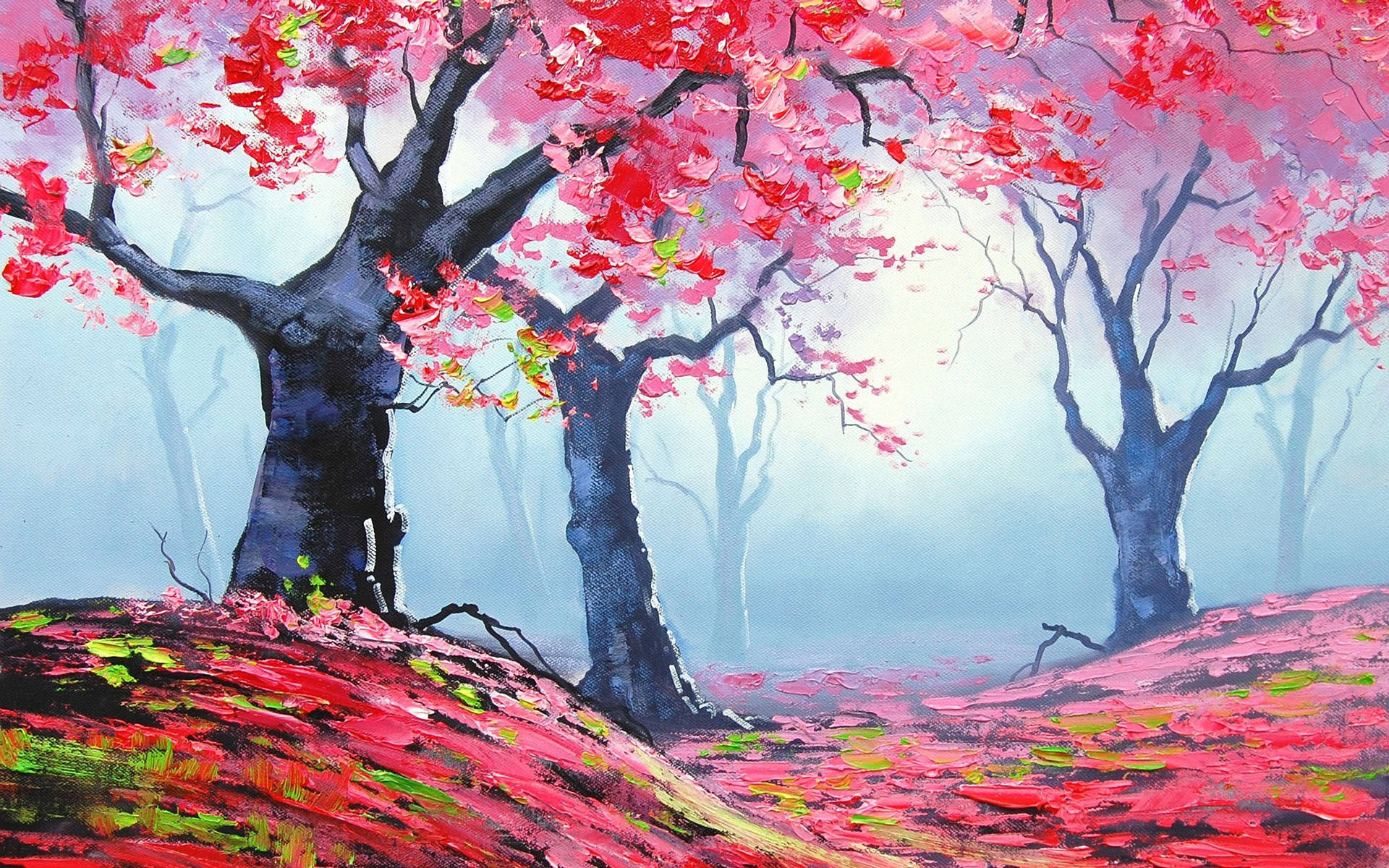 Tree art painting with pink leaves and flowers fallen on the ground.