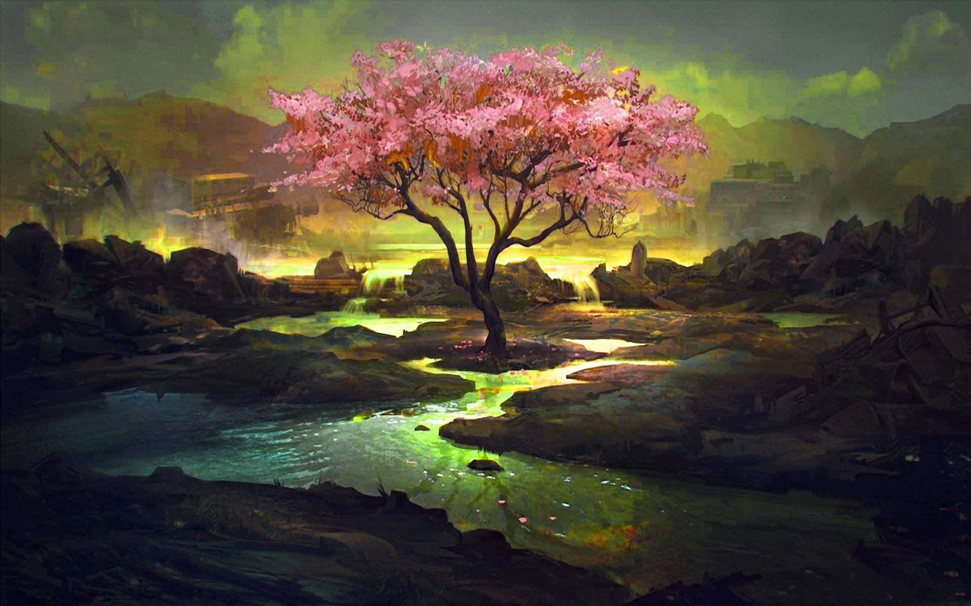 Et maleri af et træ i en flod ved solnedgang Wallpaper