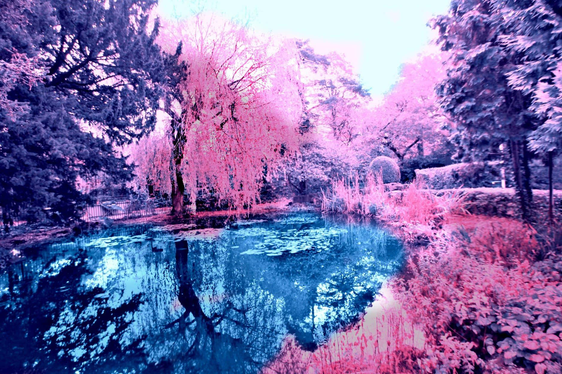 Blue Pond With Pink Trees Wallpaper