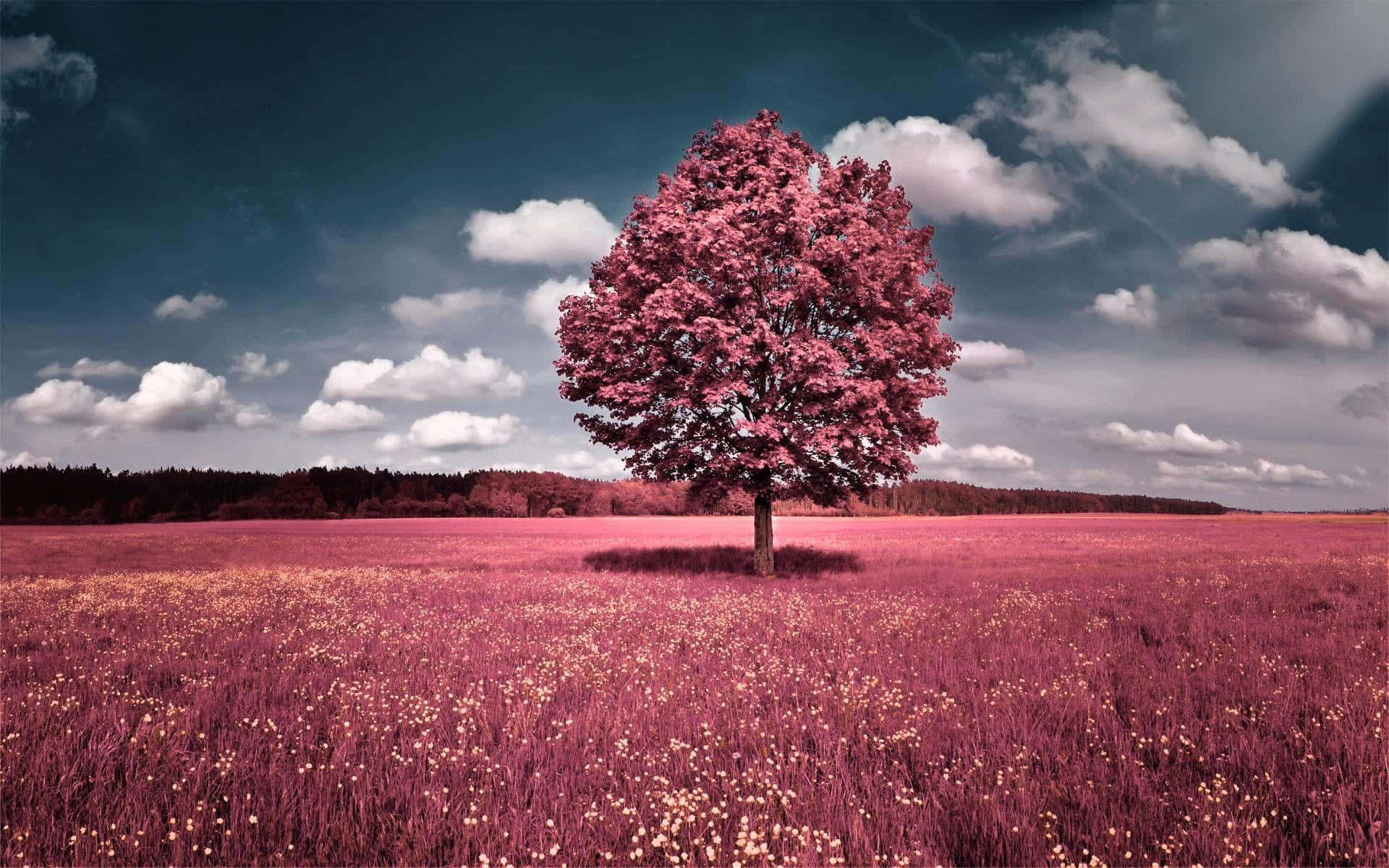 A tranquil view of beautiful pink trees against a backdrop of sunny skies Wallpaper