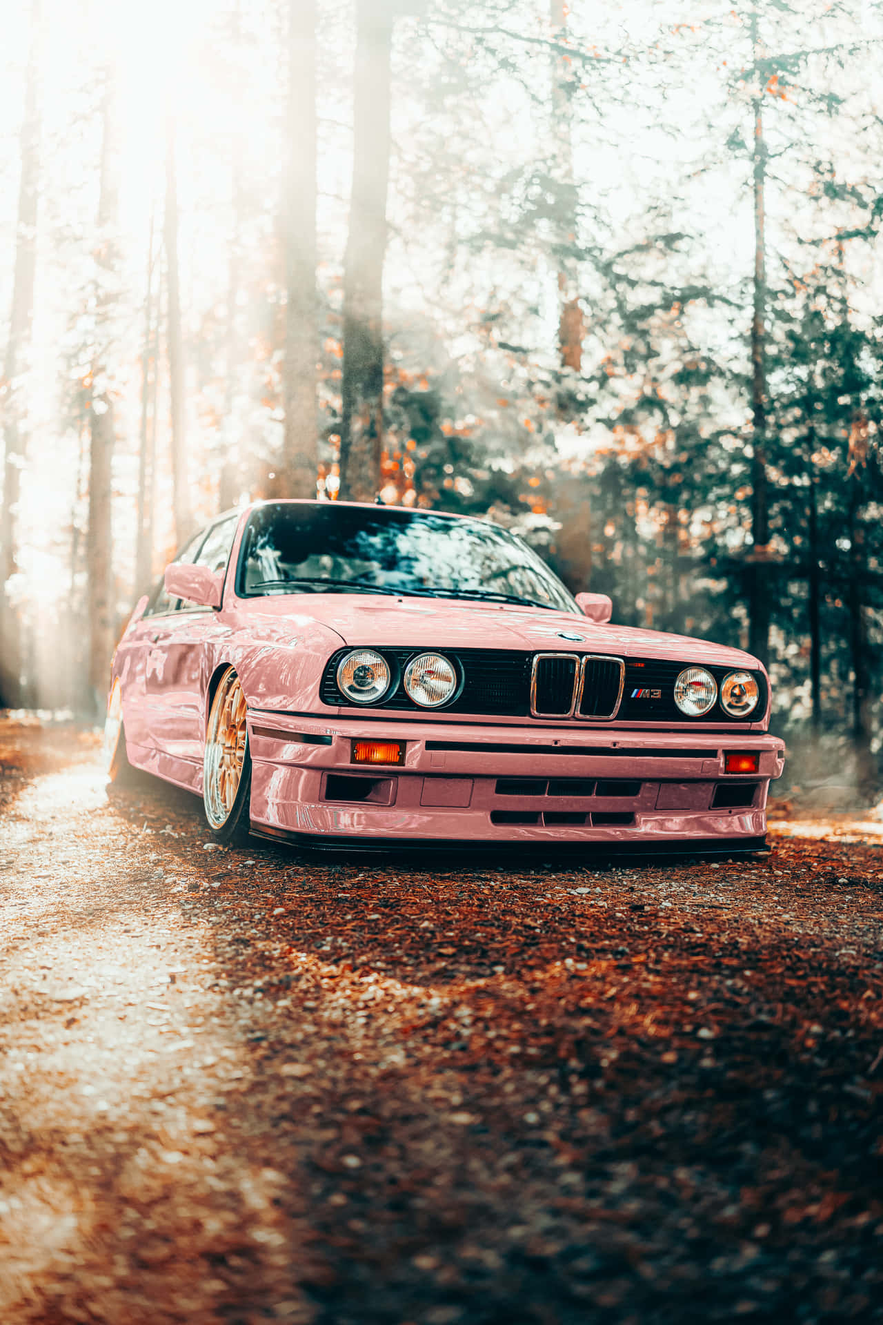En pink BMW E30 parkeret i skoven Wallpaper